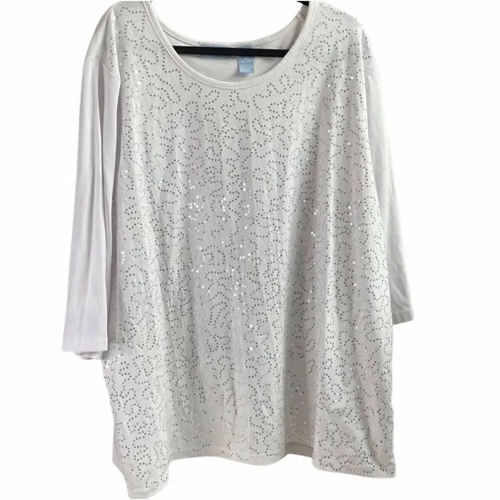Liz & Me Sport 3X 26/28W White Sequin Embellished Top Plus Size Casual Chic